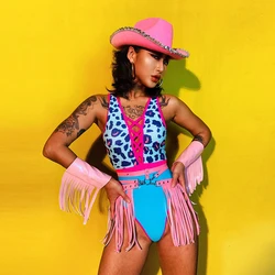 Cow Boy Nightclub Gogo Dancing Costume Hip Hop Jazz Dancer Outfit Leopard Bodysuit Party Bar Dj Clubwear Rave Clothes VDB4793