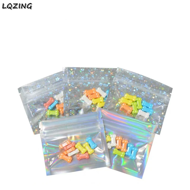 50 stücke Kleine 7,5x6,5 cm Laser Zip-lock Beutel Beutel Eine Seite Klar Holographische Folie Kosmetische Zipper Tasche hängen Haken Einzelhandel Verpackung