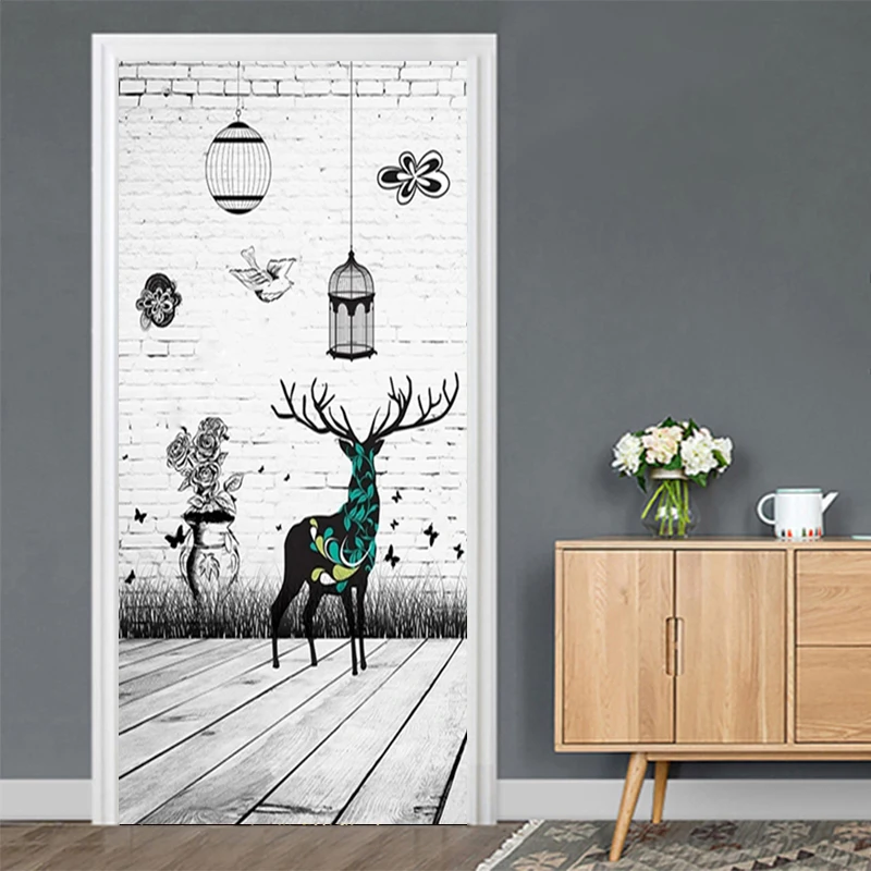 

3D White Brick Wall Cartoon Animals Deer Door Sticker Living Room Kids Bedroom Decor Waterproof PVC Self-adhesive Photo Mural