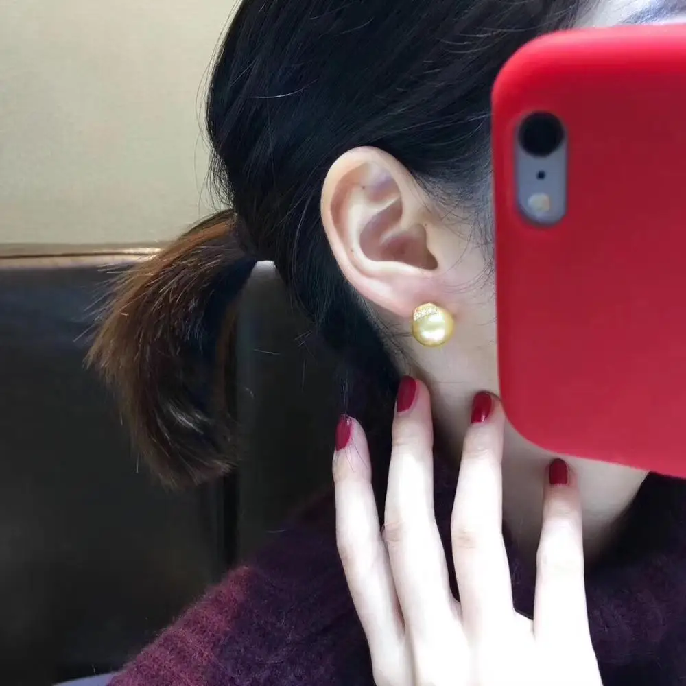 Fine Jewelry Pure 18 K Yellow Gold Natural Golden Ocean 10-9mm Round Pearl Earrings for Women Fine Pearl Earrings