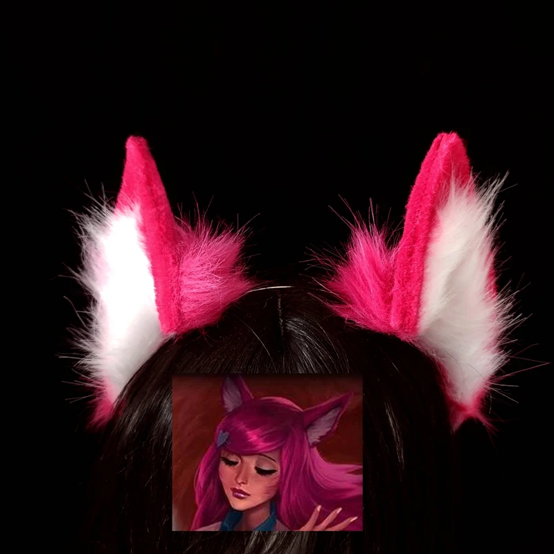 

Handmade New Ear LOL Ahri Cosplay Plush Handmade Fox Ear Pink and white Animal Ears Customize