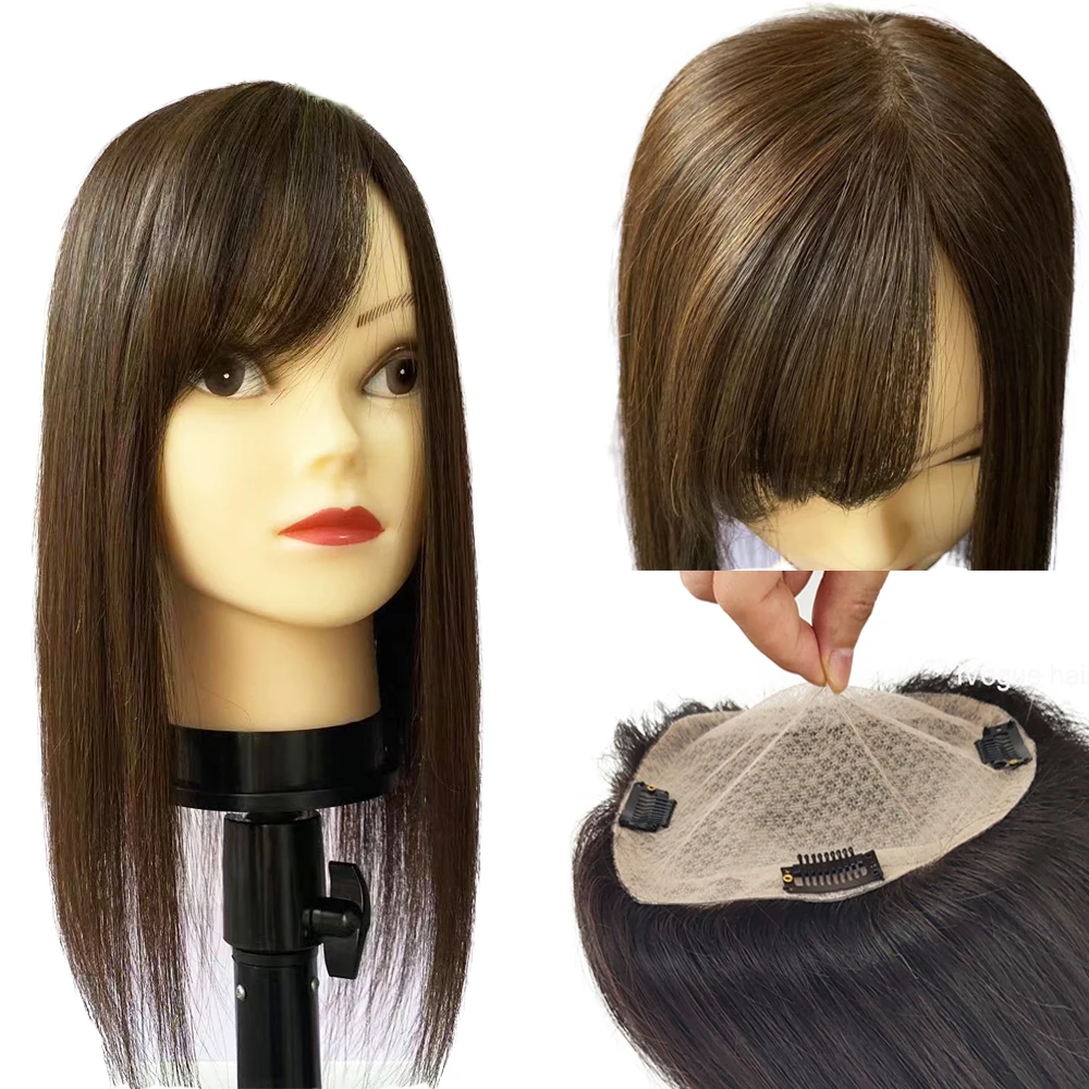 Topper de cabello humano Marrón con flequillo lateral para mujer, peluquín con Base de piel superpuesta, 5x5 pulgadas, parte superior del cuero cabelludo, 4D, Clip de flecos en postizos