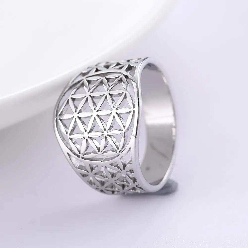 MyShape Flower of Life Mandala Filigree Ring Wedding Large Band Stainless Steel Gold Color Filled Fashion Rings Size 7,8,9