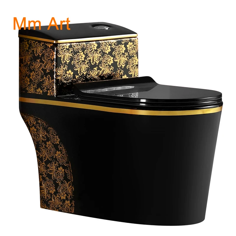 

One Piece Black Closestool WC Pan Cyclone Fluishing S-Trap Floor Mounted Luxious Villa Bathroom Seat Toilet Wash Down Toilet wc