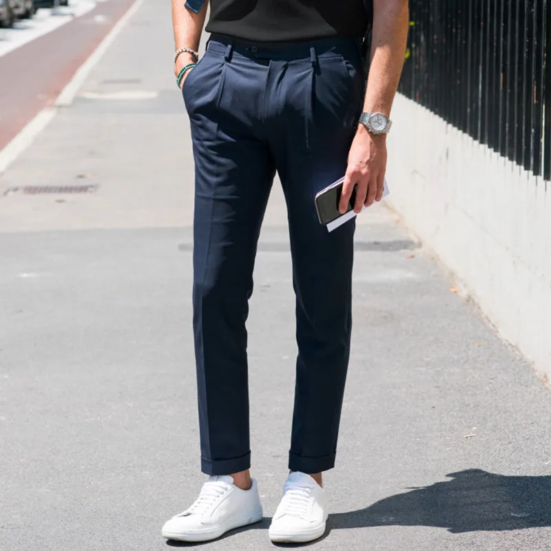 

Men's casual pants 2021 spring and summer new Euro American Street Photo same single pleated hem pants slim