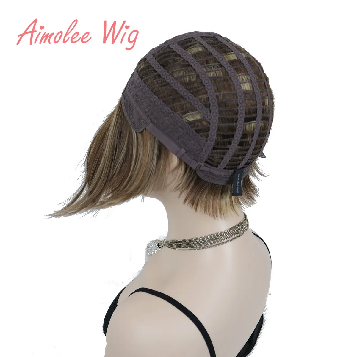 Aimolee Women\'s Wigs Caramel/Brown Asymmetric Inclined Bangs Short Straight Bob Natural Synthetic Wig