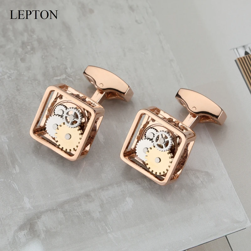 أزرار أكمام Steampunk Gear للرجال Lepton مربع لون ذهبي وردي آلية ساعة التروس أزرار أكمام قميص رجالي أزرار أكمام أفضل هدية