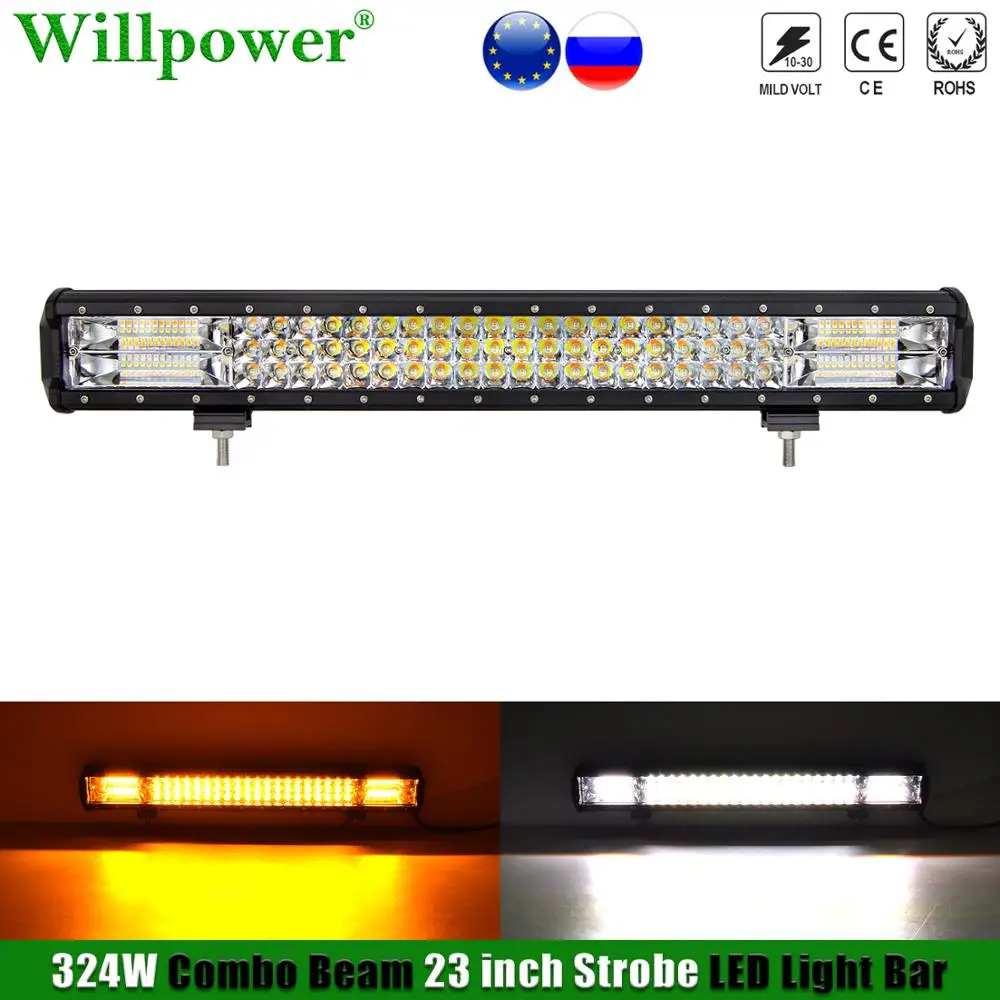 Barra de luz estroboscópica de doble Color para coche todoterreno, lámpara de conducción con Flash, luz de advertencia, Color ámbar, UTV, SUV, camioneta, 4x4, 324W, 23 pulgadas