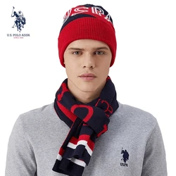 U.S Polo Assn ฤดูใบไม้ร่วงและหมวกฤดูหนาวและชุดผ้าพันคอผู้ชายและผู้หญิงถักหมวก Warm และ Breathable เย็บปักถักร้อยผ้าพันคอ2ชิ้น