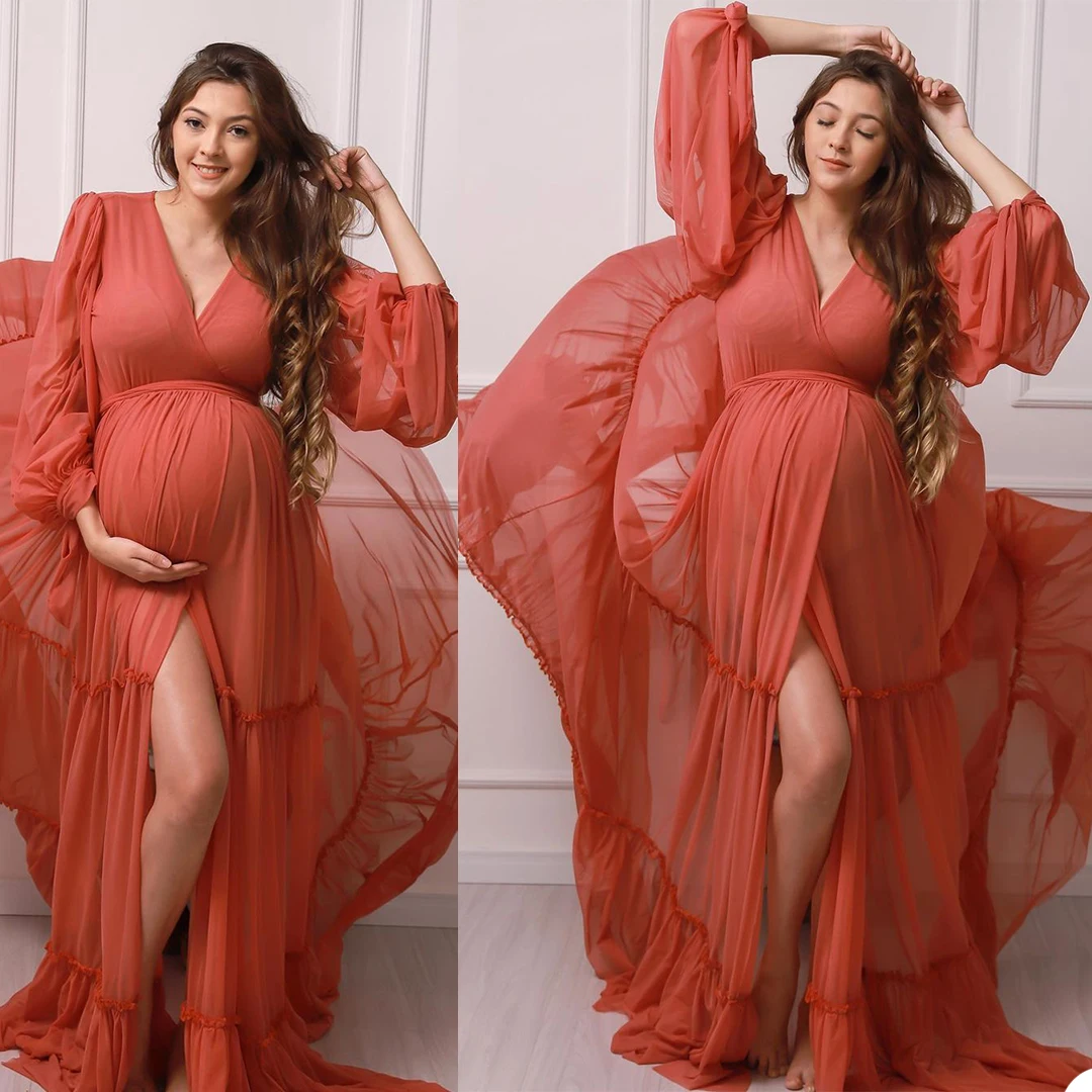 

Bridal Tulle Maternity Robes Custom Made Orange Women Long Dresses Photo Shoot Beach Birthday Party Robe