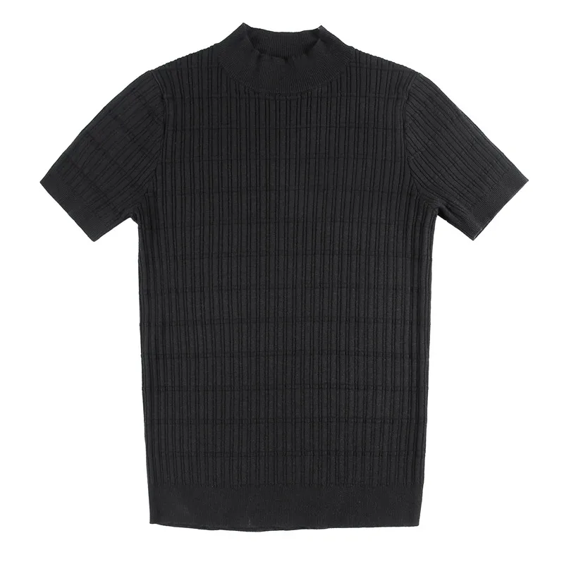 2021 Autumn Knitted T-shirt Men Slim Short Sleeve Sweater Half Turtleneck Casual Tee Tops Streetwear Bottoming Shirt Clothing