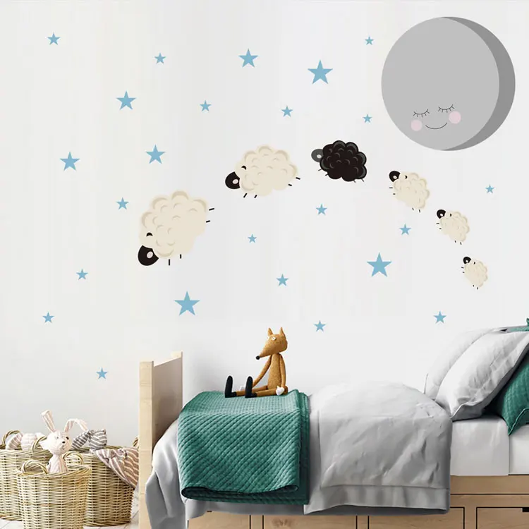 Cartoon Wenig Schafe Mond Sterne Wand Aufkleber Schlafzimmer Kinder Baby Zimmer Hause Dekoration Wandbild Kindergarten Tapete Niedlich Decals – Detail 6