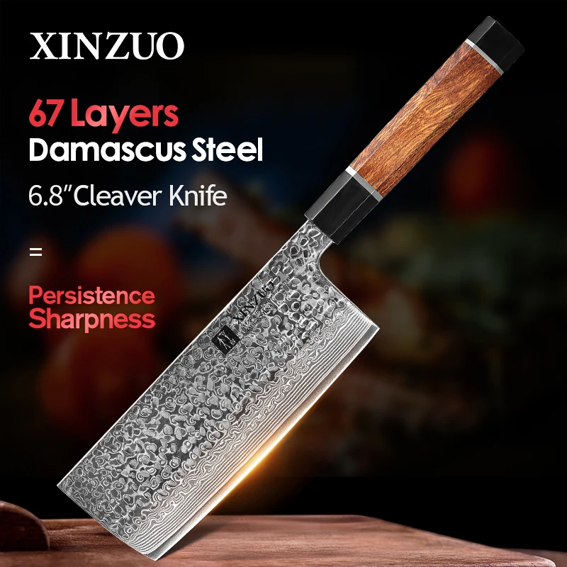 

XINZUO VG10 Damascus Steel 6.8'' Cleaver Knife with Desert Ironwood Handle Best Meat Cutting Kitchen Knives Home Kitchen Tool