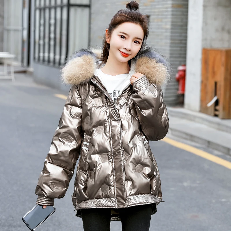 

Nice Short Style Solid Jacket for Woman Casual Loose Fur Hooded Female Puffer Coats Shiny Padded Ladies Parkas for Women Outwear