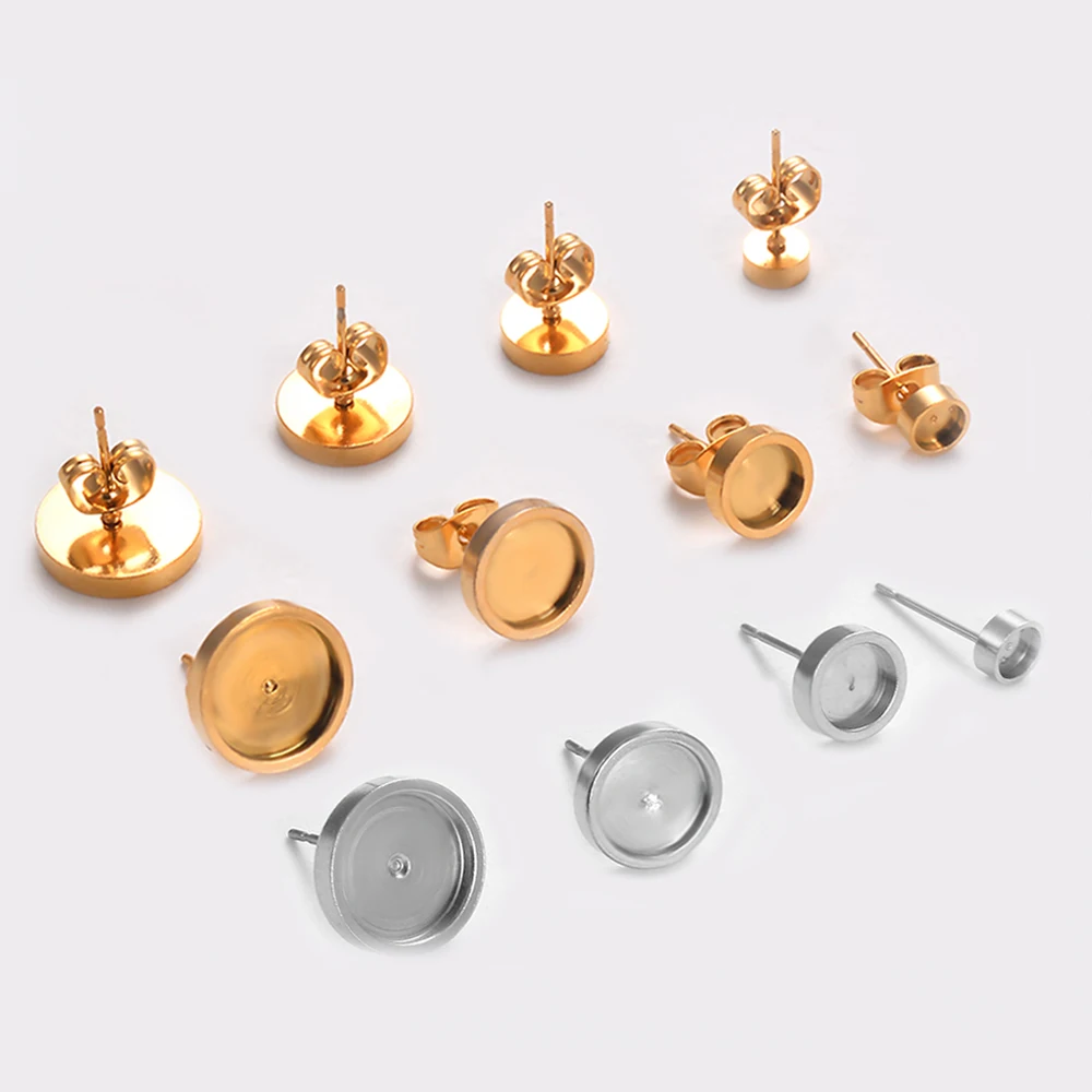 (Never Fade) 20pcs 4mm 6mm 8mm 10mm Stainless Steel Earring Base Studs Ear Settings Cabochon Tray Blank For Jewelry Making