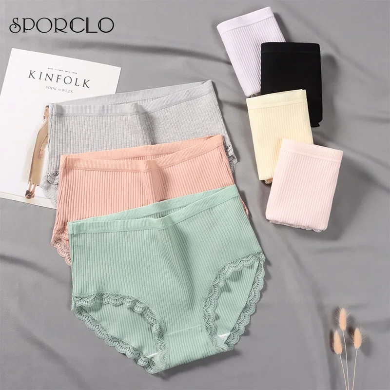 SPORCLO 1 PC Lace High Waist Panties Women 7 Color Soft Cotton Underwear Comfortable Plain Briefs Underpants Big Size M/L/XL/XXL