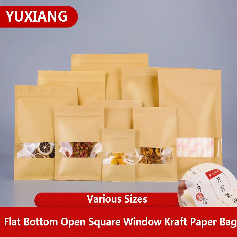 

Kraft Paper Flat Bottom Open Square Window Zipper Self Sealing Pouch Food to Be Customized for Use in Tea Dried Fruits