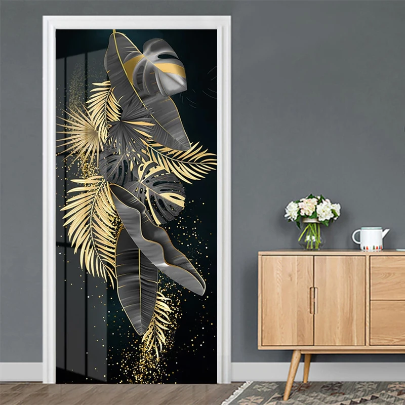 Self-Adhesive Door Sticker Modern Luxury 3D Golden Banana Leaf Wallpaper Living Room Bedroom Door Poster Waterproof 3D Stickers