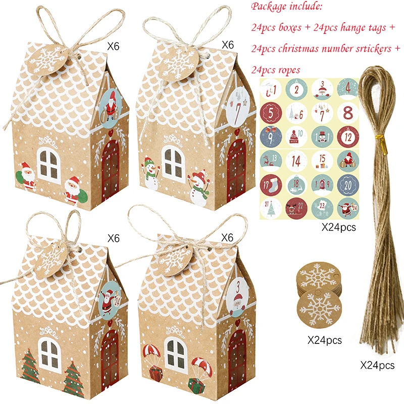 24sets House Kraft Paper Merry Christmas Candy Box Gift Bags With Ropes Hange Tags Sticker Guests Packaging Box Party Decoration