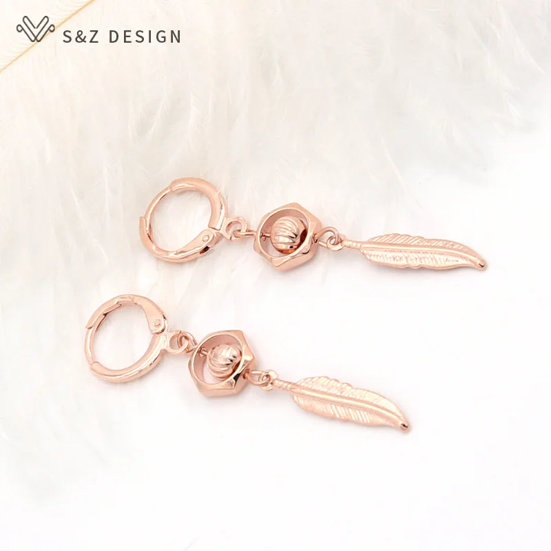 S&Z DESIGN New Fashion 585 Rose Gold Color Feather Dangle Earrings For Women Girl Wedding Party Jewelry