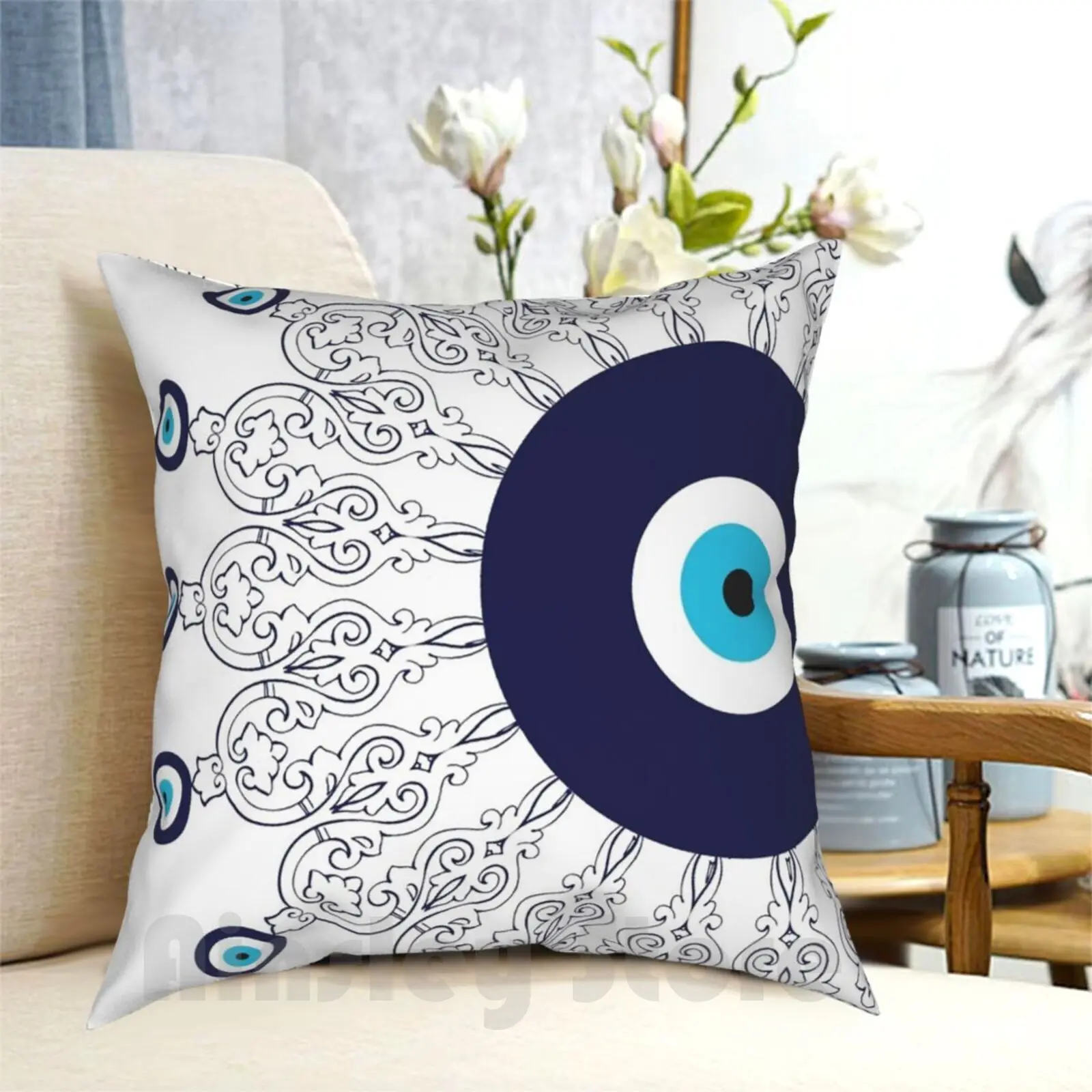 

Navy Blue White Mediterranean Evil Eye Mandala Pattern Pillow Case Printed Home Soft DIY Pillow Cover Nazar Amulet Evil Eye