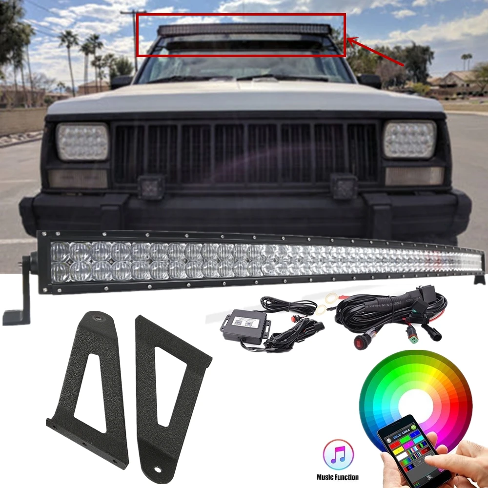 

5D 50 Inch Curved LED Light Bar Roof Mounting Brackets for Jeep Cherokee XJ 1984-2001 With Bluetooth App Control RGB Led Bar