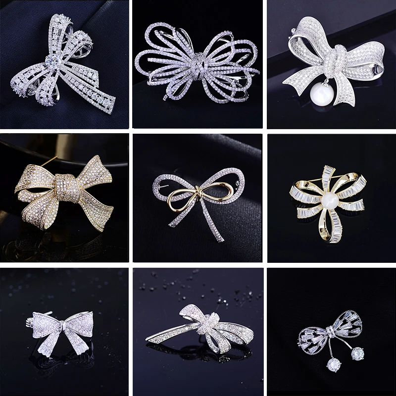 OKILY Delicate Women\'s Brooches Jewelry Accessories Tassel Pearl Zircon Bowknot Brooch Pin Cute Bow Lapel Pin for New Year Gift