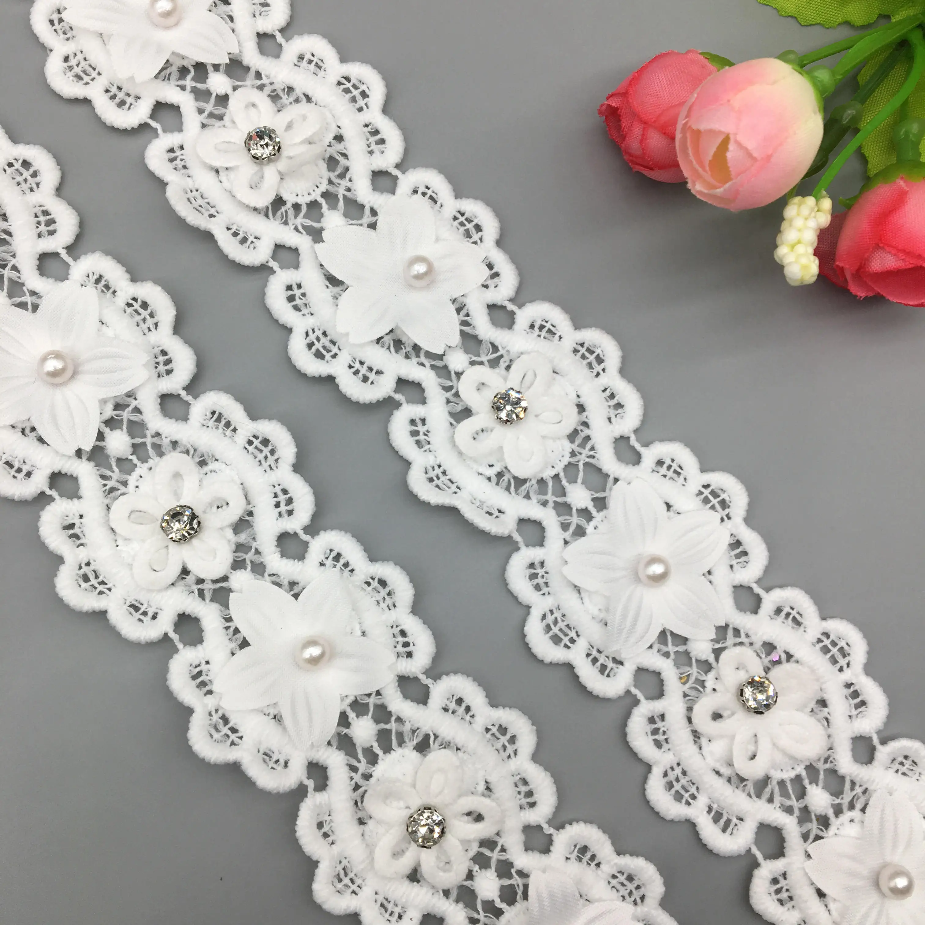 

2 yards White Soluble Cotton Rose Flower Pearl Embroidered Lace Trim Ribbon Fabric Sewing Craft Patchwork Handmade Decoration