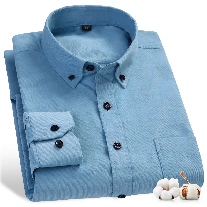 Camisas informales de ocio para hombre, camisa cálida de manga larga de pana de algodón de ajuste Regular sólido, ropa de gran tamaño de fácil