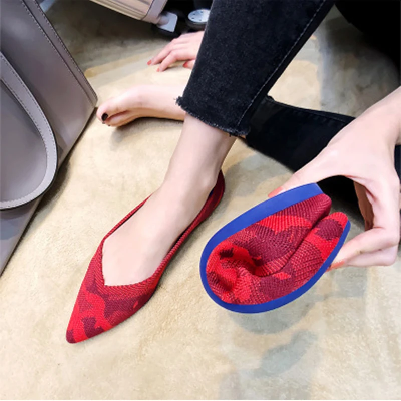 2022 Women\'s Flat Shoes Ballet Shoes Breathable Knit Pointed Moccasin Mixed Color Women\'s Soft Shoes Women Zapatos De 35-42