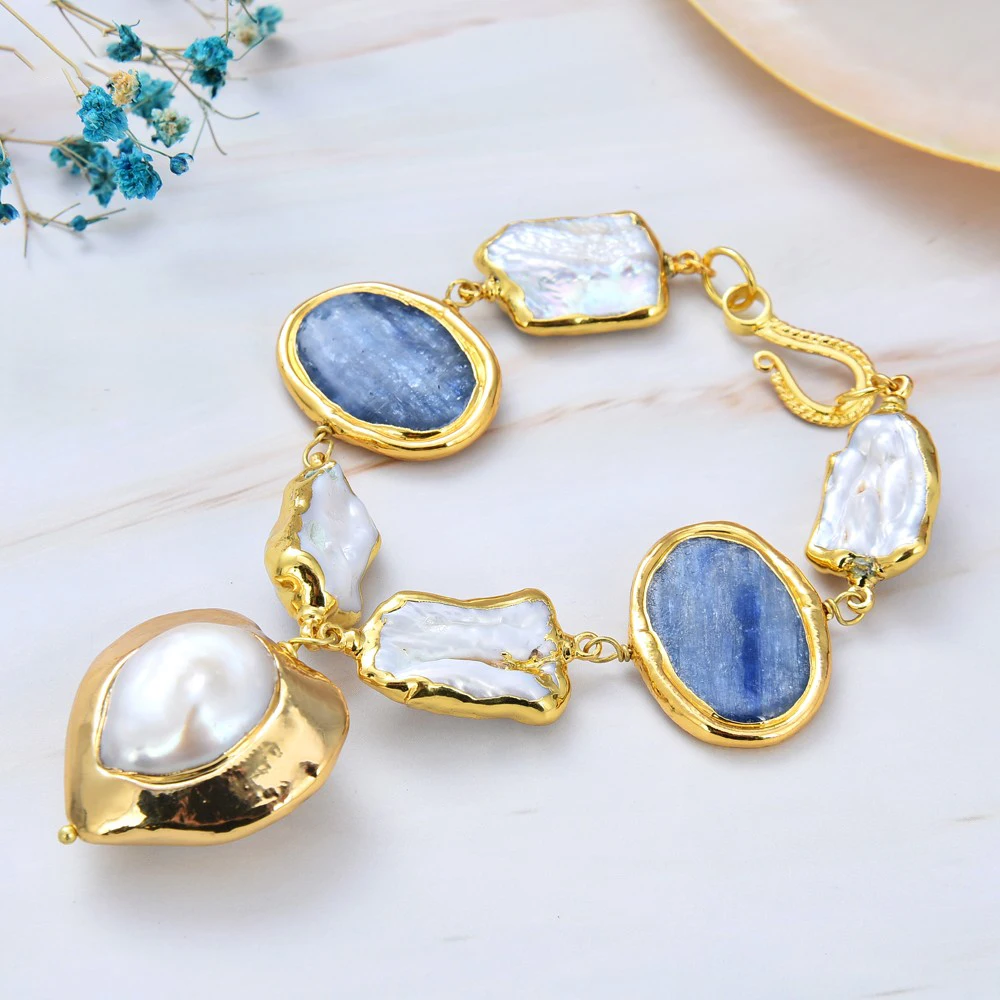 Freshwater White Keshi Pearl Natural Blue kyanite Nugget Heart Pearl Gold Color Bracelet 8