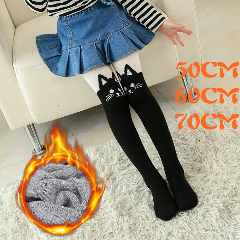 3-8 Years Thickened Children Pantyhose Winter Terry Bottomed Cute Cartoon Cat Knitting Towel Tights Girls Tights For Kids