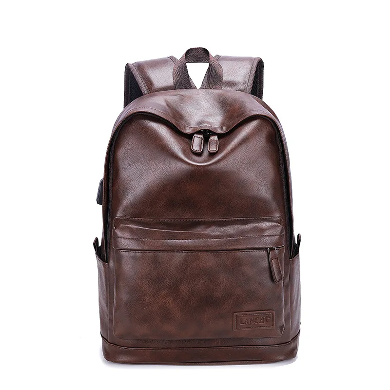 Men Leather Backpack USB Charging Anti-theft Large Boy Schoolbag Travel Bag School Backpack Black Bagpack