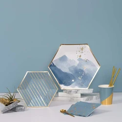 Whole Set Disposable Foil Gold Tableware Ink Graffiti Green Pink Water-blue Cup Napkiin Hexagonal Plates Birthday Party Supplies