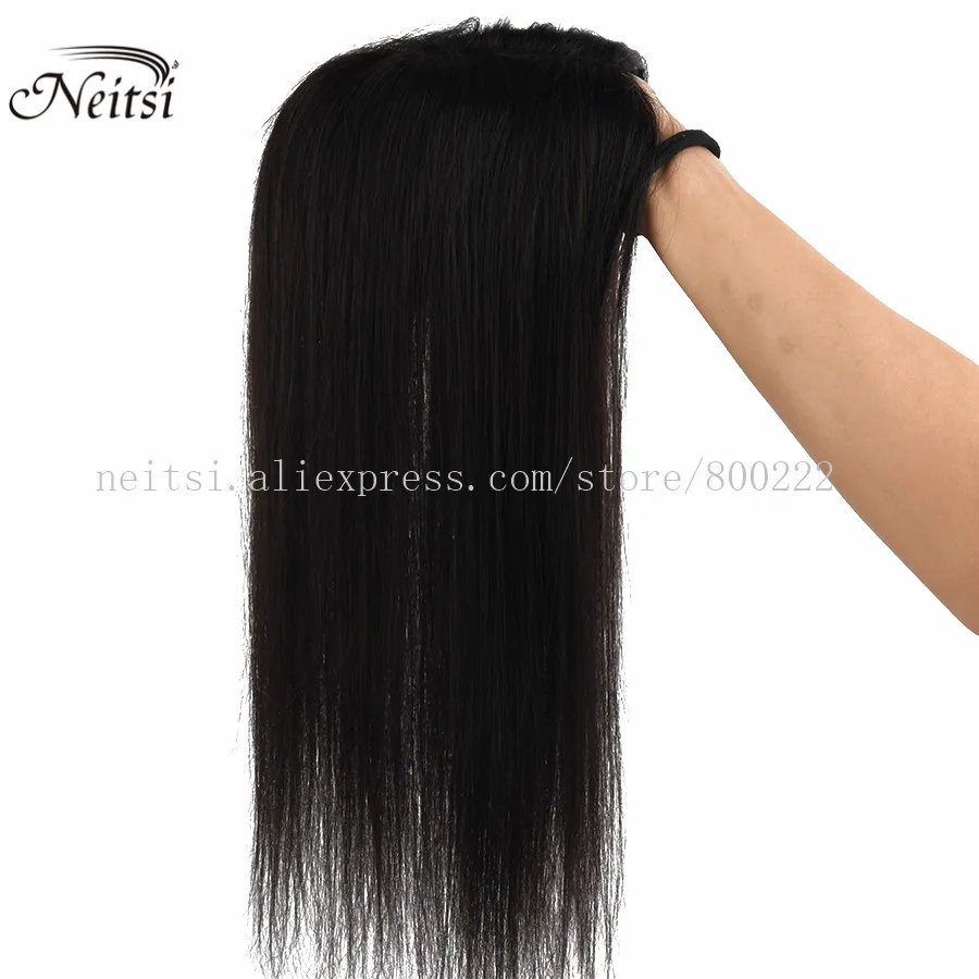 Neitsi  9x13 cm Women Remy Hair Topper Natural Straight Lace Base 4 Clips Toupee Hair System 16 Inches 150% Density Black Brown