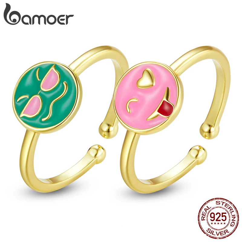 BAMOER 925 Sterling Silver Gold Colors Texture Enamel Emotion Finger Rings Sunglasses Naughty Adjustable Rings Jewelry SCR737