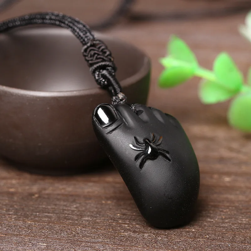 Black Obsidian Little Feet Pendant with Chain Men's Jewelry Women's Jewelry