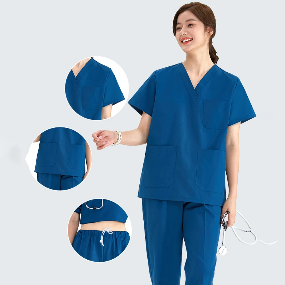 Liberação uniforme médico feminino scrub define 2 peça masculina com decote em v calças de cordão macio bolso leve enfermagem terno fino