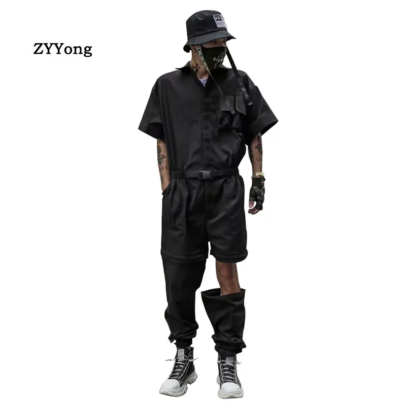 2020 New Fashion Summer Men Cargo Overalls Half Sleeve Jumpsuits Solid Joggers Knee Zipper Rompers Street Style Casual Men Pants