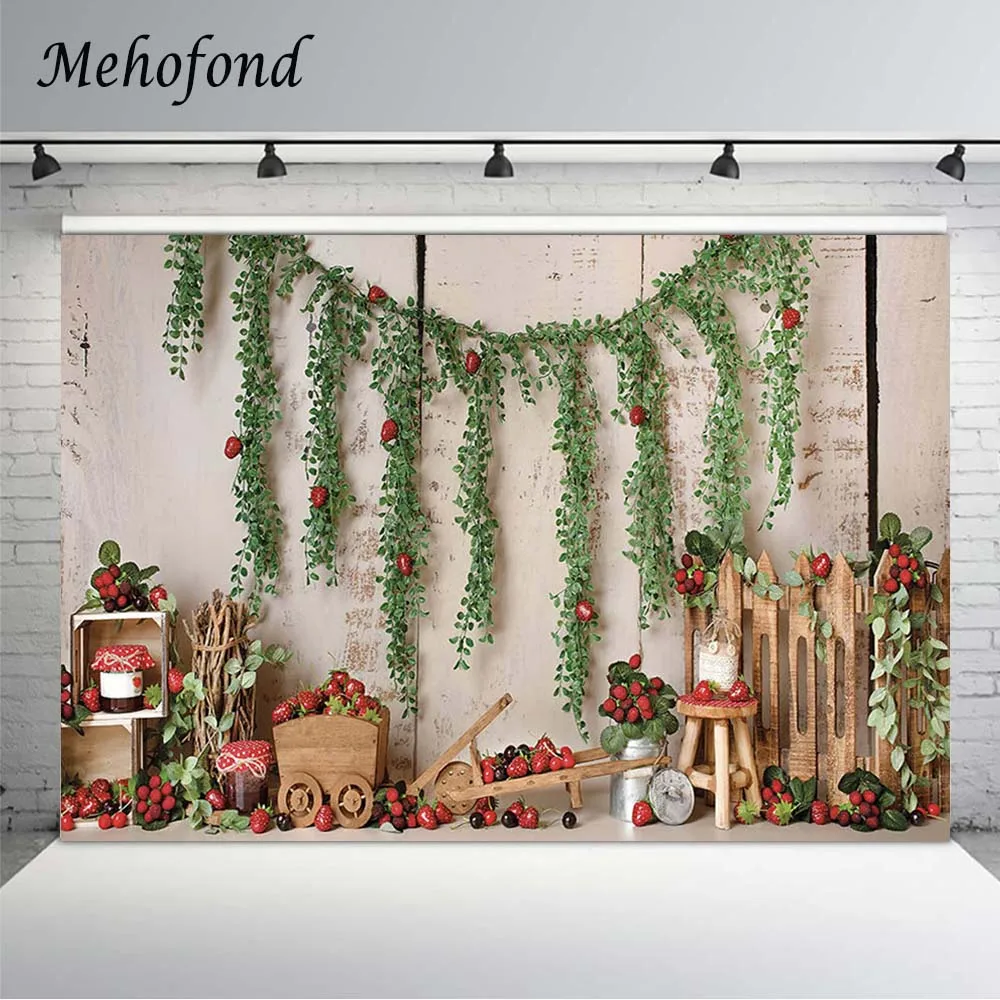 

Mehofond Photography Backgrounds Fresh Strawberry Green Leaves Wooden Wall Newborn Baby Shower Portrait Photo Backdrop Studio