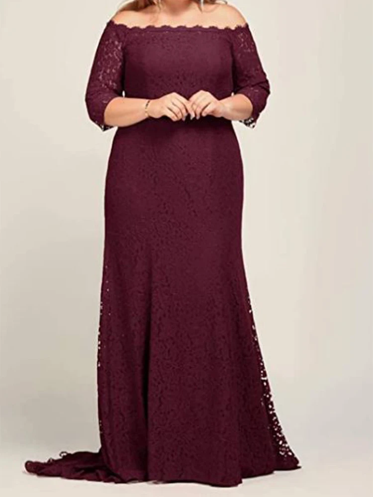 Elegante vestido lila de encaje con cuello plano, longitud hasta el suelo, vestido de dama de honor formal de encaje, vestido de noche suave de talla grande