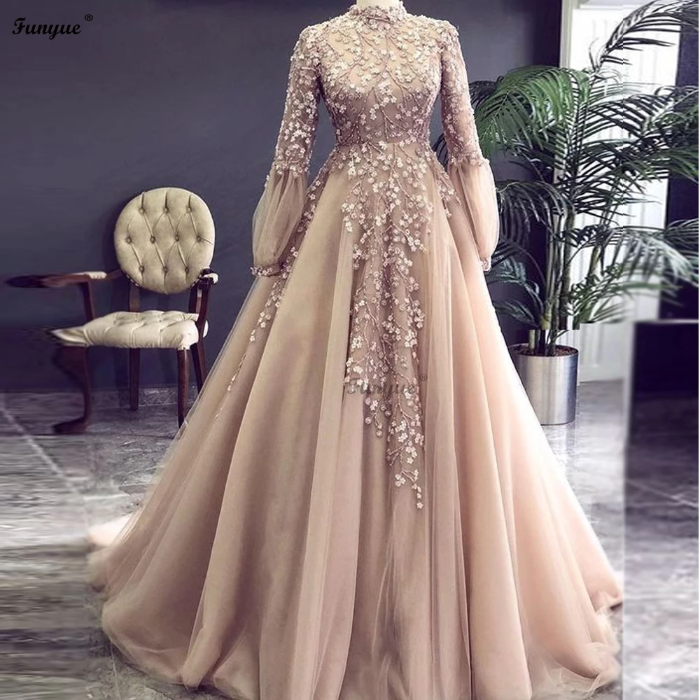 Champagne Arabic Muslim Evening Dresses Long Sleeves Appliques Flowers Beading Evening Gowns A-Line Tulle Formal Prom Dress New