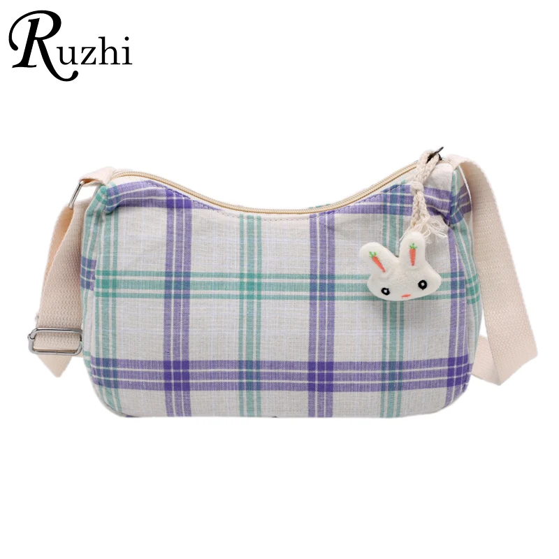 Color Grid Women Canvas Bag Rabbit Handbag Plaid Crossbody Bag Girl Korean Version Fashion Shoulder Bags Cute Bag For Women 2021