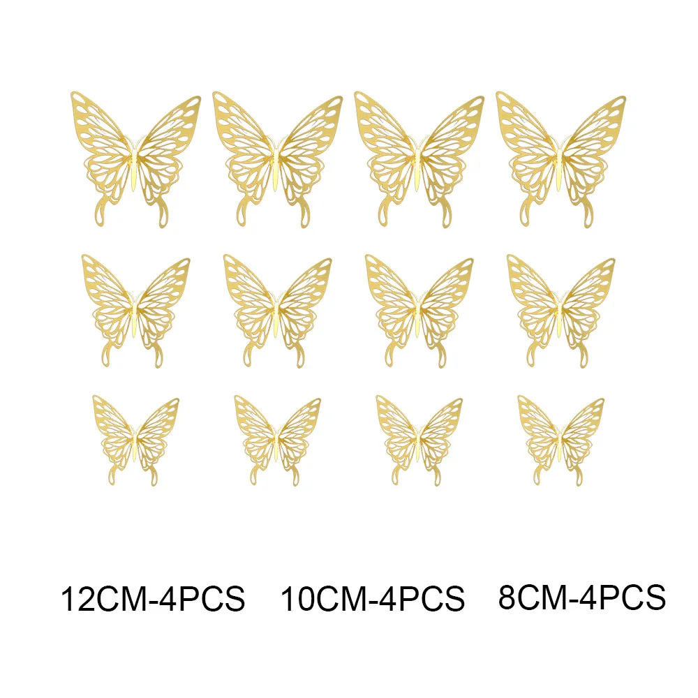 12Pcs/set 3D Hollow Butterflies Stickers Metal Gold Silver Rose Gold Hollow Butterfly for Party Balloons Home Decor Wall Decor