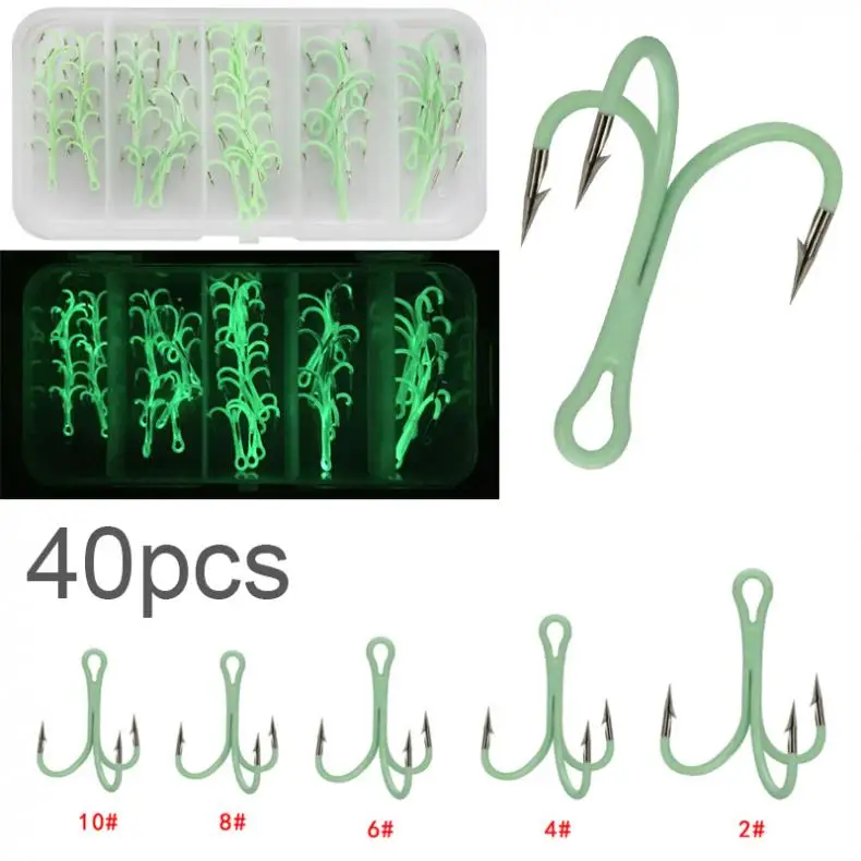 

40pcs/lot Fishing Hooks High Carbon Steel Crank Treble Hook 2# 4# 6# 8# 10# Luminous Fishing Hooks