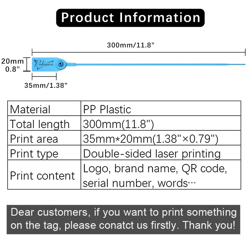 100Pcs Garment Plastic Security Seals Tag Shoe Clothing Bag Brand Logo Serial Number Hang Labels  30cm