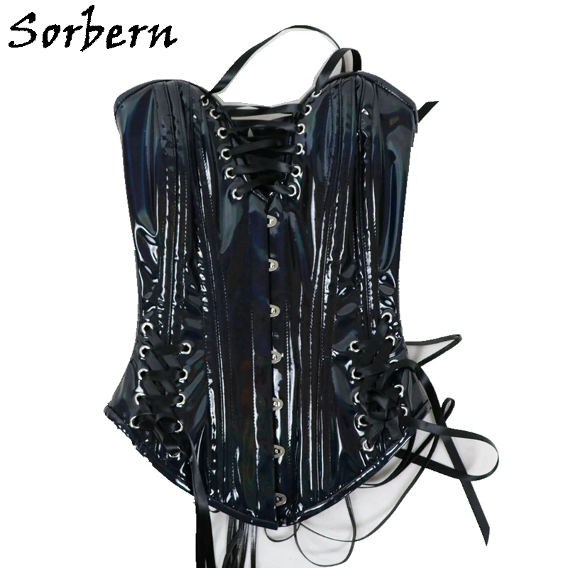 Sorbern Black Laser Women Corset Sexy Fetish U-Shaped Cup Support Breast Steel Bustiers With Corset Lace Up Back Hourglass