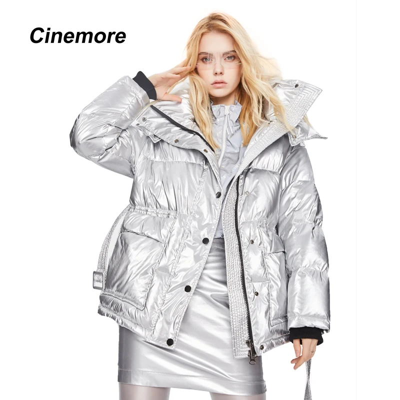 CINEMORE 2022 women\'s Winter jacket Thick mid-length waist white duck Down Jackets Slim belt Silver shiny parka women coat 82056