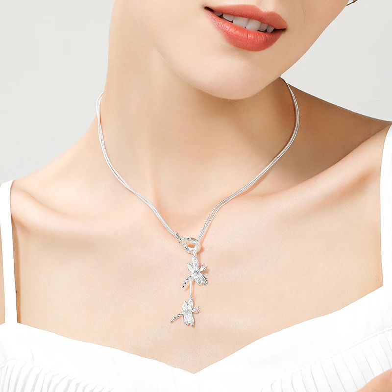 DOTEFFIL 925 Sterling Silver Two Dragonfly Pendant Necklace For Women Snake Chain Necklace Wedding Engagement Jewelry