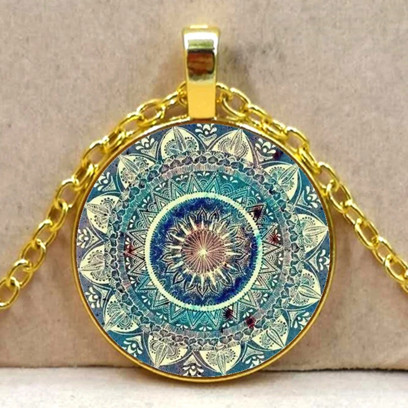 Vintage Glass Dome Necklace Buddhist Chakra Glass Convex Pendant Jewelry Om Indian Yoga Mandala Necklace for Unisex